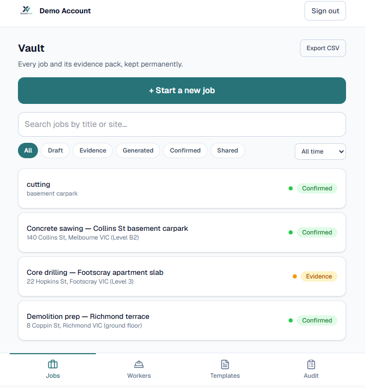 XposureVault dashboard showing a silica exposure evidence pack